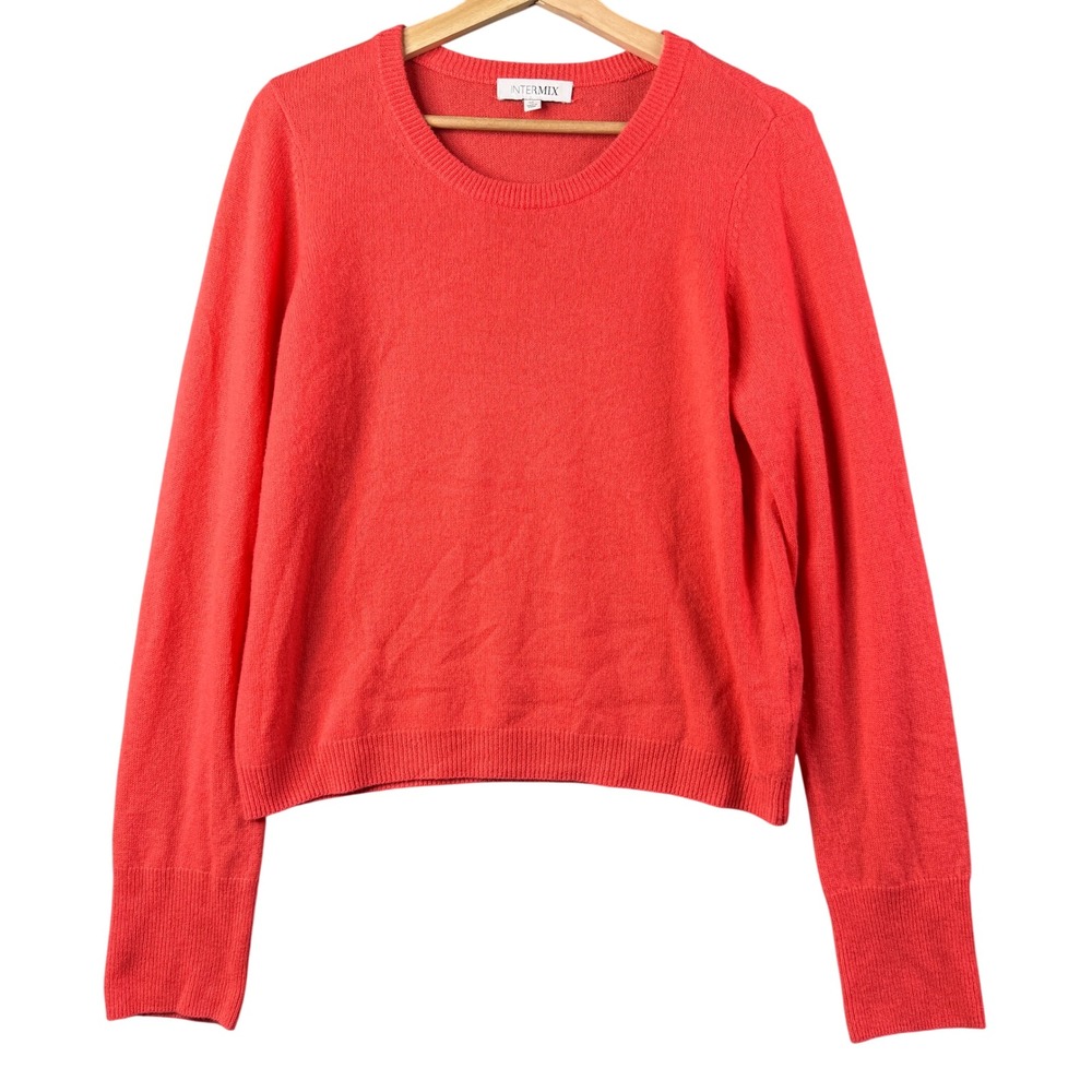 INTERMIX Womens XL‎ 100% Cashmere Crew Neck Pullover Sweater Coral Red Fine Knit